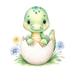 Cute  clipart of a baby dinosaur hatching from an egg in boho pastel colors for creative projects © Kubby_ph