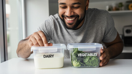Smiling man holding labeled containers for dairy and vegetables at the kitchen counter