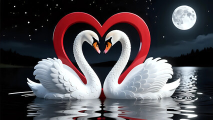 Swans on the lake with a red heart background 