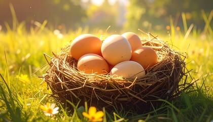 A nest full of brown and white eggs sits nestled in a grassy field, bathed in warm sunlight.