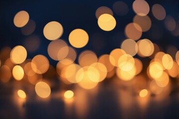 Glowing yellow and orange bokeh light circles in soft focus, dreamy abstract style, dark blue background. Concept of warmth, holiday, celebration. Ai generative
