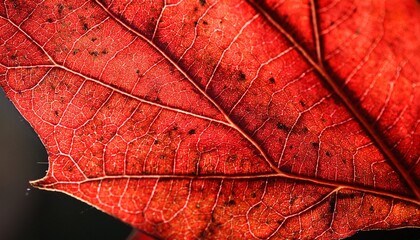 Fototapeta premium macro shot of a red autumn leaf with speckled texture and vibrant coloration seasonal change leaf pigmentation natural beauty autumn details
