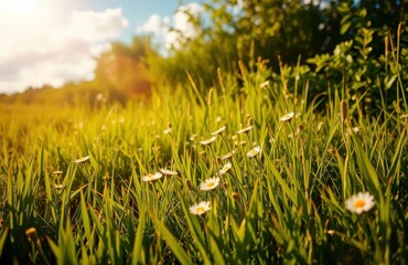A serene meadow filled with blooming flowers basking in the warm sunlight during a beautiful day.