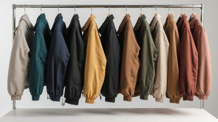 Clothing rail with jackets in various colors organized by tone in modern closet space