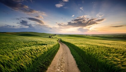 Obraz premium journey s embrace a winding dirt path invitingly meanders through a vibrant expanse of green fields a pathway toward the horizon beneath a dynamic sky