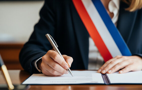 Femme &eacute;lue marie signant un contrat de mariage