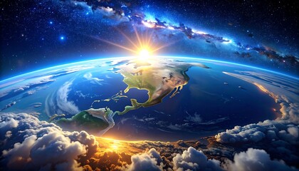 A breathtaking view of Earth from space, showcasing the continents, a vibrant sunrise, and a spectacular galaxy.