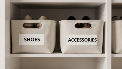 Closet shelf with labeled fabric bins for shoes and accessories arranged for visual order