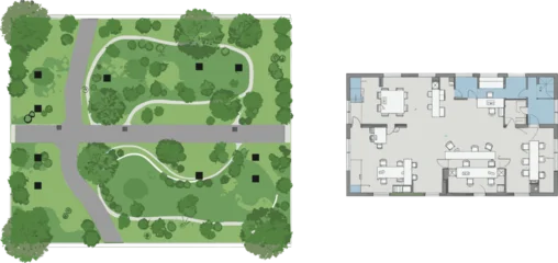 Gordijnen Olijf Modern park landscape layout with curved pathways, greenery, trees, and building office floor plan design for architectural, landscape, and urban planning purposes, top-down view  © Obaidul Vector Zoon