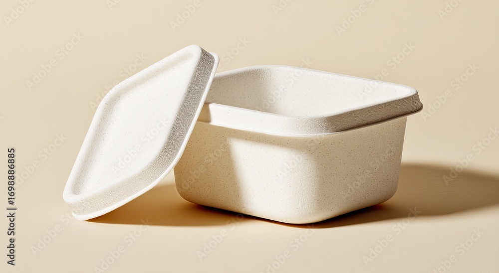 Poster a square, off-white, disposable food container with a lid, resting on a light beige surface. the lid