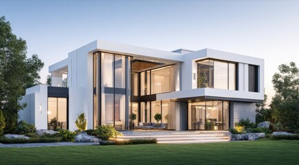 Modern white house with large windows and outdoor patio area