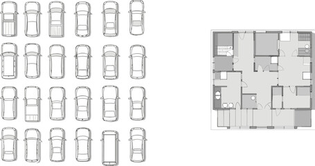 Top-down view of cars parked in a grid formation next to a detailed floor plan of a modern residential layout, showcasing both vehicle and architectural design