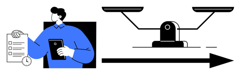 Person holding a tablet and checklist beside scales on an arrow symbolizing evaluation, balance, and progress. Ideal for productivity, time management, decision-making, business strategy