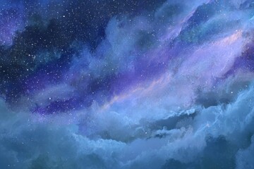 Fototapeta premium Expansive celestial panorama showcasing a dense field of stars amidst swirling cosmic clouds, painted in deep blues and vibrant purples, evoking a sense of awe and infinite possibility