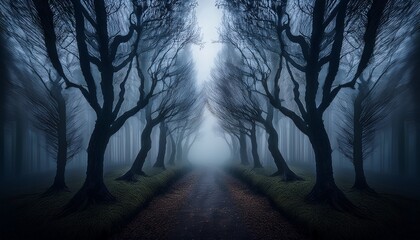 a mysterious foggy forest path lined with dark twisted trees under a misty sky creating an eerie nighttime atmosphere full of suspense
