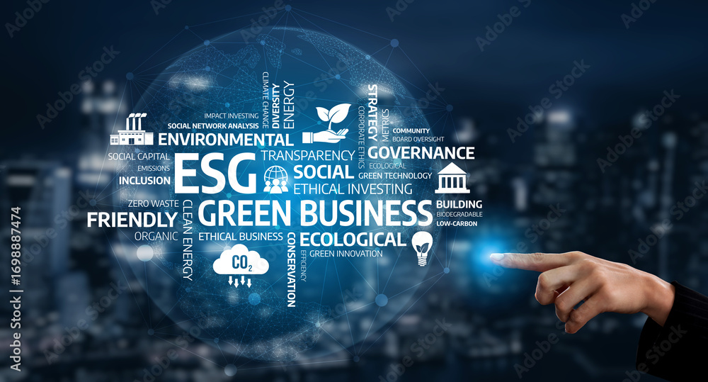 Poster a conceptual image showcasing green business practices with a focus on esg principles highlighting s