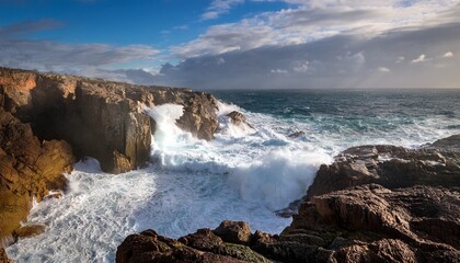 Obraz premium powerful ocean waves crashing against rocky cliffs creating a dramatic seascape
