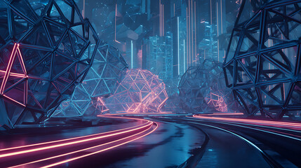 Futuristic cityscape with geometric structures and neon lights, creating a sense of technological advancement and urban exploration in a digital realm
