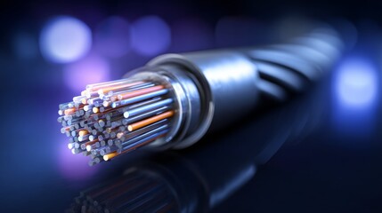 3D render close-up end of a Fiber optic cable on dark blue background, close-up view of fiber optic communication technology concept