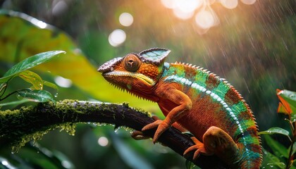 vibrant chameleon perched branch tropical rainforest surrounded by lush green foliage and illuminated by soft sunlight filtering through leaves scene captures beauty of nature with gentle rain