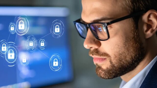 Cybersecurity professional at work, analyzing data security and digital privacy