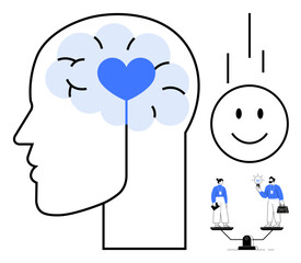 Human head with heart in brain signifies emotional intelligence. Scales with people analyzing ideas emphasize balance. Ideal for mental health, emotional intelligence, wellness, teamwork