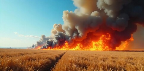 Fiery inferno raging in an isolated field, billowing smoke against a clear blue sky Flames engulf dry grass, creating a dramatic scene of uncontrolled combustion , vibrant, heat, countryside fire