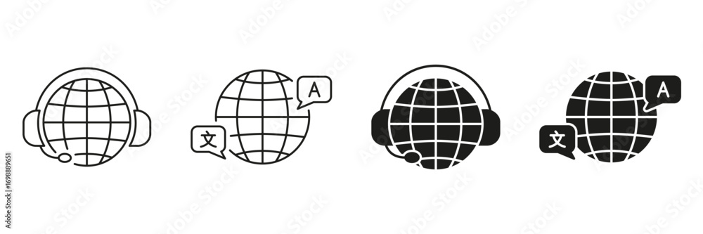 Poster global language translation and communication line and solid icon set. multilingual support and inte