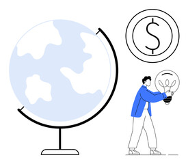 Person carrying light bulb as a metaphor for creativity, globe symbolizing global context, and dollar coin for financial themes. Ideal for sustainability, innovation, finance, economy, global