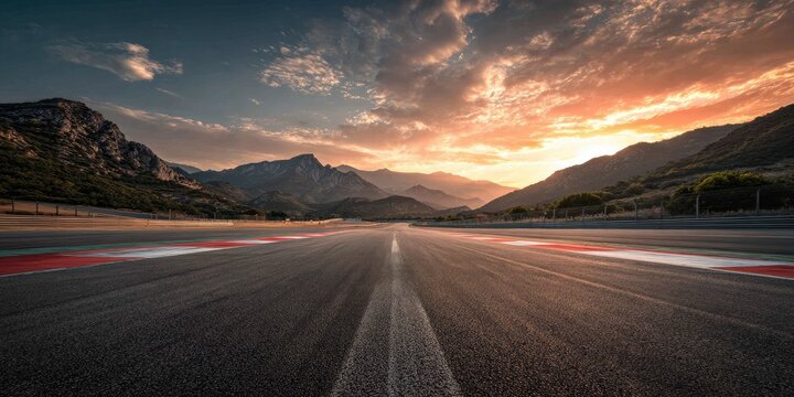 Empty race track at sunset, mountains in the background