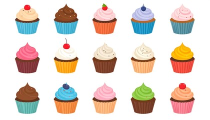 Colorful cupcakes in various flavors, displayed on a white background, showcasing sweet treats with vibrant frosting and toppings.