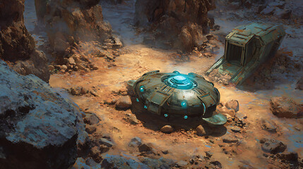 A futuristic alien artifact rests on a desolate planet, its glowing core hinting at advanced technology and the mysteries of an extraterrestrial civilization