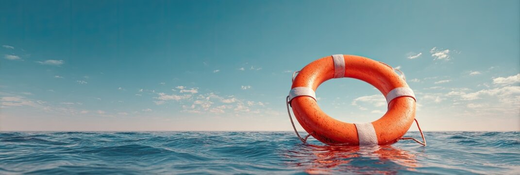 An orange life preserver floats on calm ocean water beneath a clear blue sky - Powered by Adobe