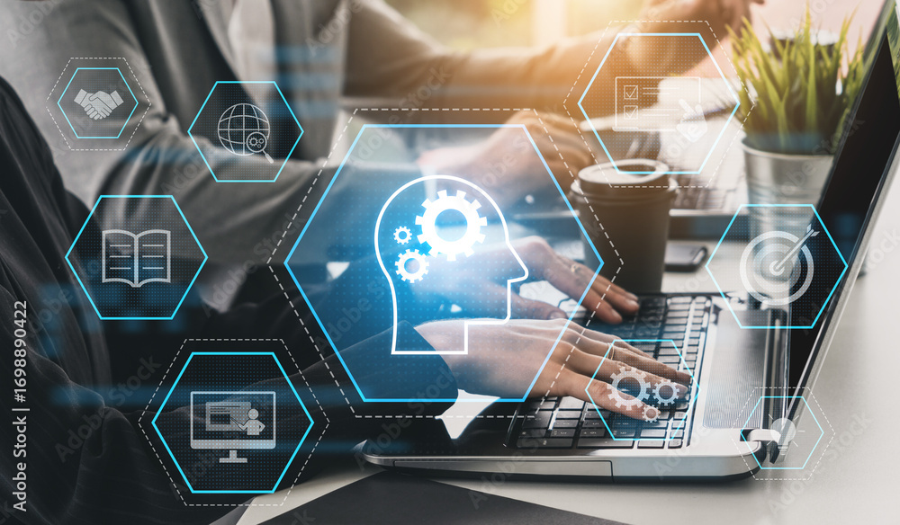 Poster head with gear and icons representing learning, digital training, and development process, showing s