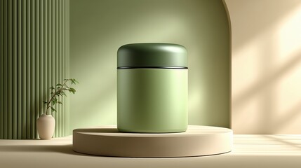 Matte green thermal bottle with darker lid on pedestal in modern green interior with arch and plant for stylish hydration branding.

