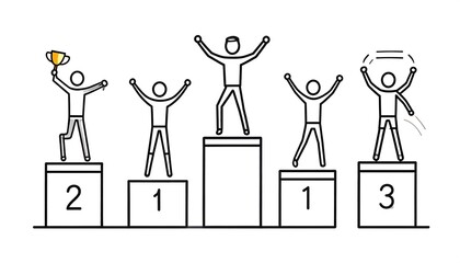 Five figures celebrate victory on tiered podiums, showcasing achievement and triumph.