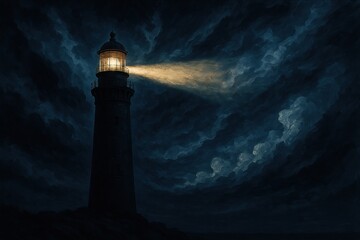 Stormy night lighthouse beam cutting through dark clouds guiding ships to safety beacon light ocean