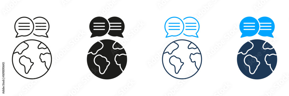Poster global communication line and solid icon set. worldwide messaging and international dialogue symbol 