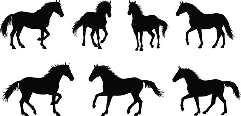 Silhouette illustration of horses in various running and walking poses, black horse vector set isolated on white background for equestrian, wild animal, nature themes