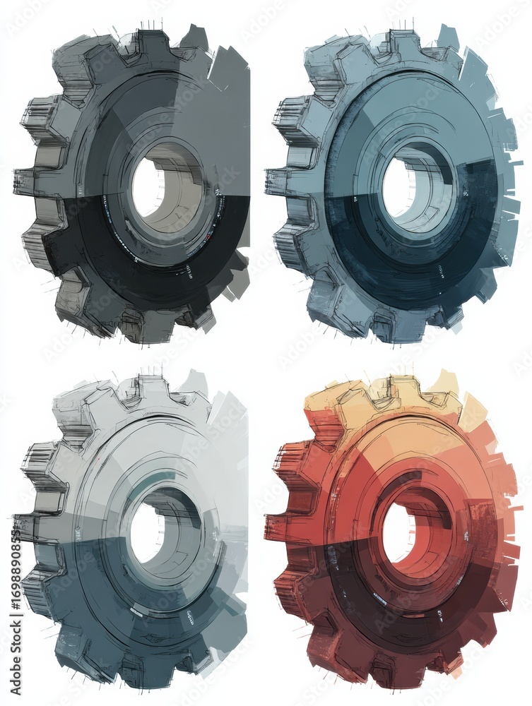 Poster various designs of a mechanical gear showcasing different color schemes and textures in a digital ar