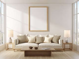 Modern minimalist living room with blank art print
