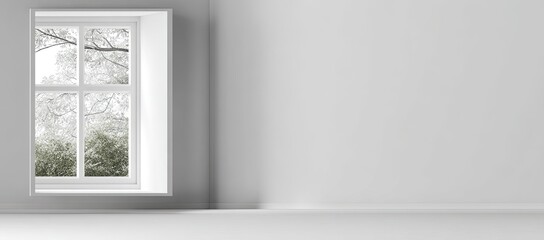 Empty room with a window, light gray walls and floor.  Winter scene outside