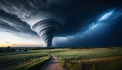 Fototapeta premium powerful tornado forming over a rural landscape at night creating a dramatic and ominous scene of impending destruction and extreme weather