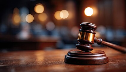 Gavel resting on a wooden table in a dimly lit room.  Blurred background suggests a courtroom or similar setting