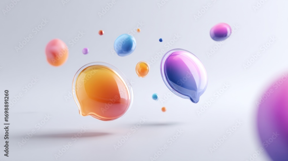 Poster colorful abstract bubbles floating on a soft background, showcasing a blend of playful shapes and gr