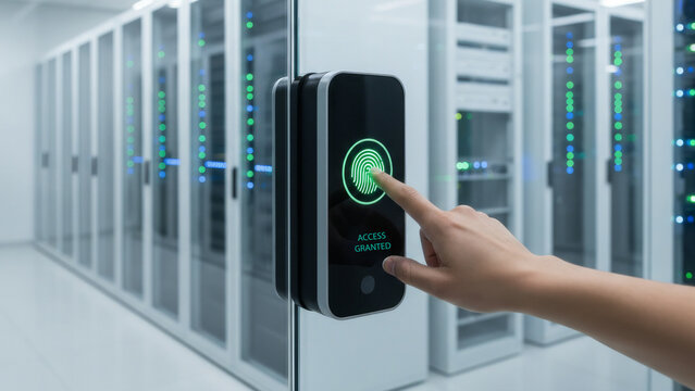 Advanced Security: Hand Using Biometric Fingerprint Scanner for Access to a Modern Data Center