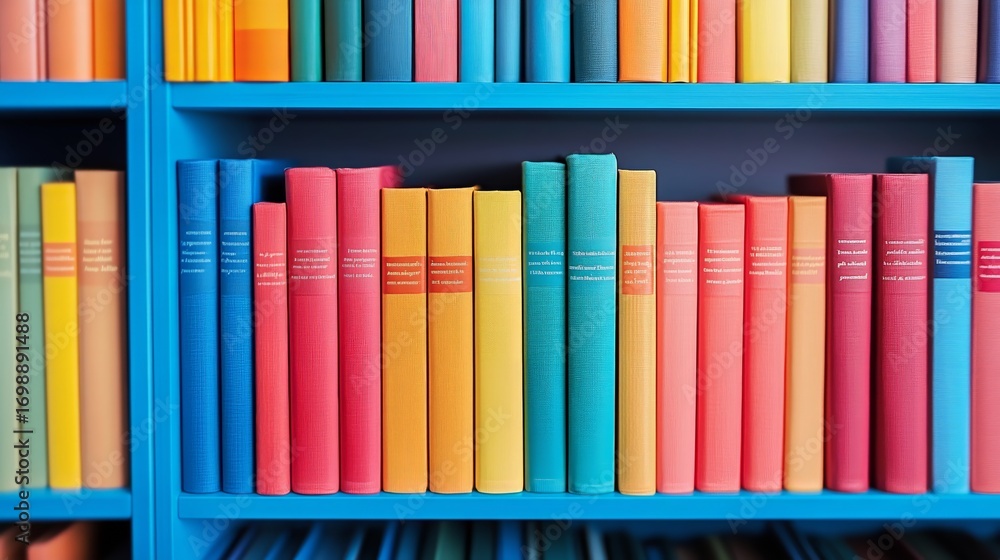 Aufkleber library with rows of bookshelves filled with various colored hardback books.