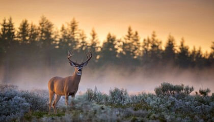 majestic whitetail deer in soft lighting amidst misty forest landscape at dawn
