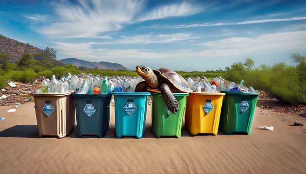 modern recycle bins bottle and cans landfill refuse decorated with turtle illustrative editorial may 18 2025 napa california