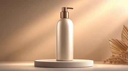 Elegant white pump bottle on round stone pedestal with warm golden light for premium lotion and beauty product marketing.

